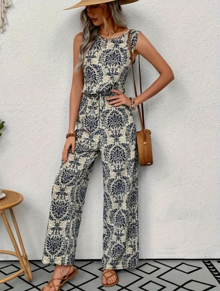 Loret Summer Printed Jumpsuit In Off-White - full-length front shot on model - Miss Mosa By Akanksha