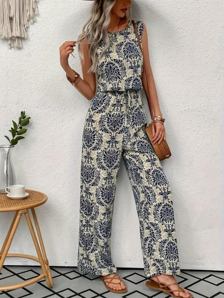 Loret Summer Printed Jumpsuit In Off-White - full-length front shot on model - Miss Mosa By Akanksha