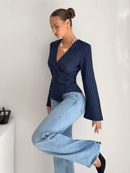 Loretta Striped Top - side shot, navy blue with white pinstripes - Miss Mosa By Akanksha