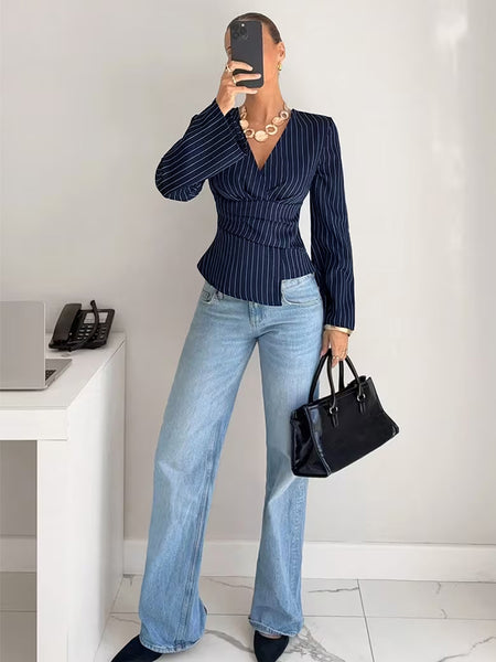 Loretta Striped Top - full-length front shot, navy blue with white pinstripes - Miss Mosa By Akanksha