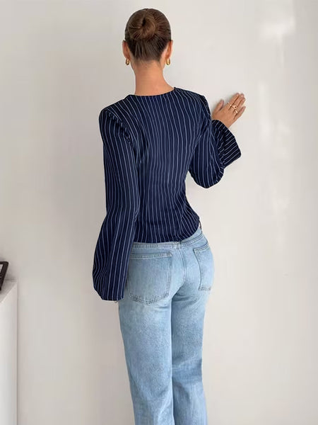 Loretta Striped Top - back shot, navy blue with white pinstripes - Miss Mosa By Akanksha