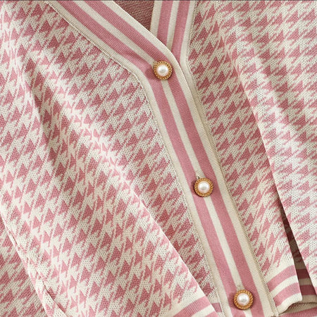 Loretta Woolen Coord Set - close-up of houndstooth knit, pink - Miss Mosa By Akanksha