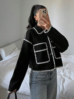 Lorette Premium Woolen Jacket - three-quarter front shot, black and white - Miss Mosa By Akanksha