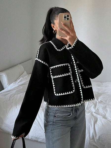 Lorette Premium Woolen Jacket - three-quarter front shot, black and white - Miss Mosa By Akanksha