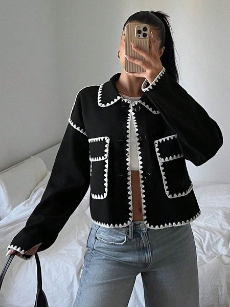 Lorette Premium Woolen Jacket - front shot, black and white - Miss Mosa By Akanksha