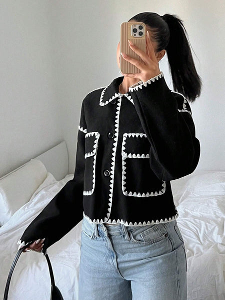 Lorette Premium Woolen Jacket - front shot, black and white - Miss Mosa By Akanksha