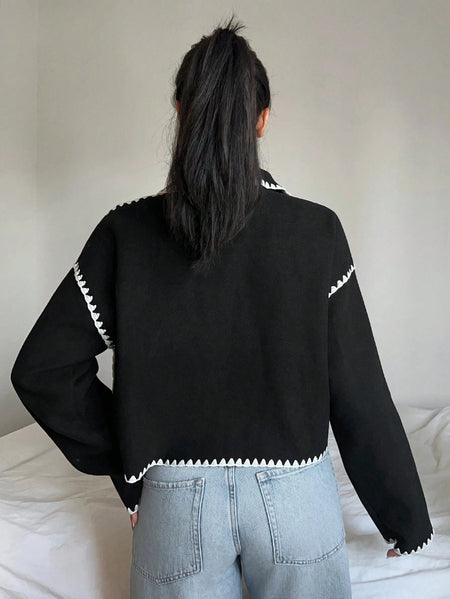 Lorette Premium Woolen Jacket - back shot, black and white - Miss Mosa By Akanksha