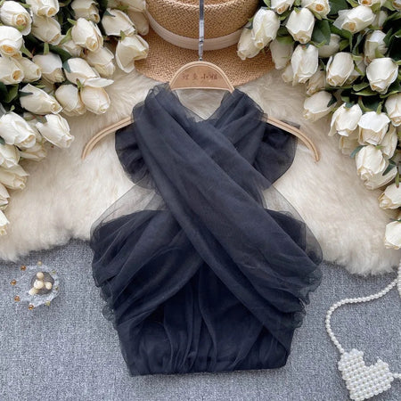Lorre Summer Tops with Inbuilt Bra - front shot on hanger, black - Miss Mosa By Akanksha