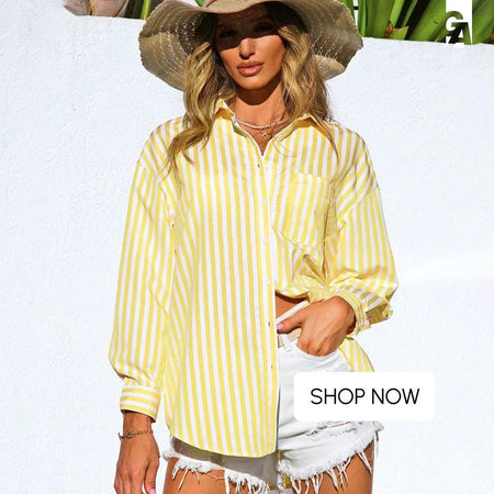 Lotus Striped Summer Oversized Shirt - front shot on model, yellow - Miss Mosa By Akanksha