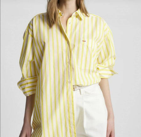 Lotus Striped Summer Oversized Shirt - front shot on model, yellow - Miss Mosa By Akanksha