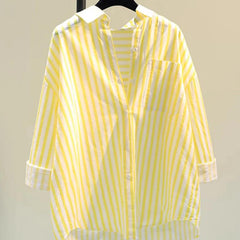Lotus Striped Summer Oversized Shirt - front shot on hanger, yellow - Miss Mosa By Akanksha