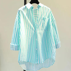 Lotus Striped Summer Oversized Shirt - front shot on hanger, green - Miss Mosa By Akanksha