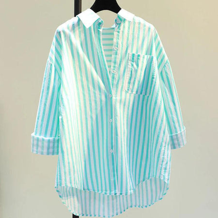 Lotus Striped Summer Oversized Shirt - front shot on hanger, green - Miss Mosa By Akanksha