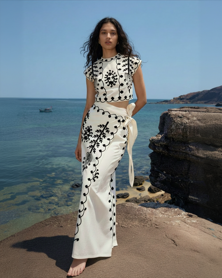 Louella Summer Set of Top and Skirt In Beige - full-length front shot on model - Miss Mosa By Akanksha
