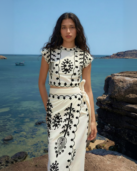 Louella Summer Set of Top and Skirt In Beige - front shot on model - Miss Mosa By Akanksha