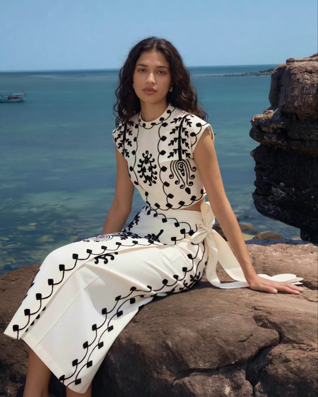 Louella Summer Set of Top and Skirt In Beige - seated full-length shot on model - Miss Mosa By Akanksha