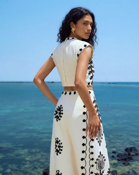 Louella Summer Set of Top and Skirt In Beige - back shot on model - Miss Mosa By Akanksha