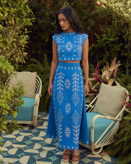 Louella Summer Set of Top and Skirt In Blue - full-length front shot on model - Miss Mosa By Akanksha