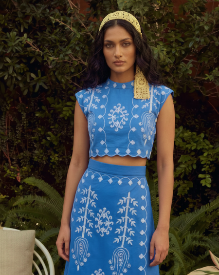 Louella Summer Set of Top and Skirt In Blue - close-up front shot on model - Miss Mosa By Akanksha