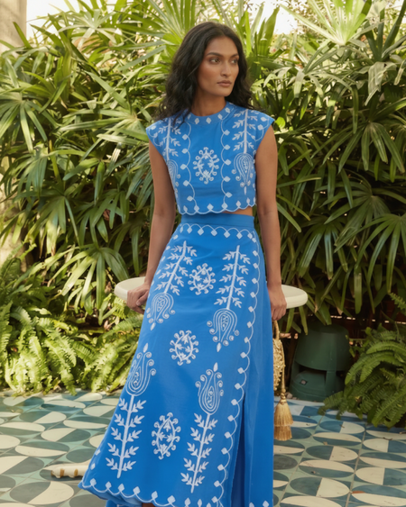 Louella Summer Set of Top and Skirt In Blue - front shot on model - Miss Mosa By Akanksha