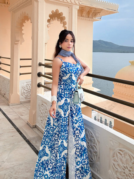 Louis Abstract Maxi Dress in Blue - full-length shot on model, blue - Miss Mosa By Akanksha