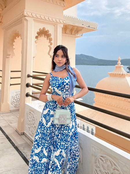Louis Abstract Maxi Dress in Blue - full-length shot on model, blue - Miss Mosa By Akanksha