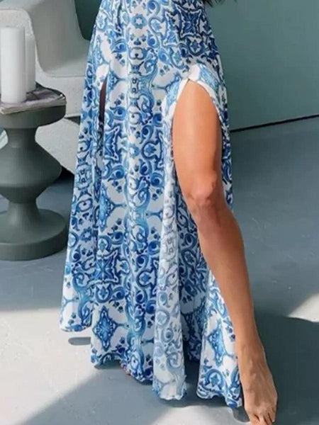 Louis Abstract Maxi Dress in Blue - close-up of skirt slit, blue - Miss Mosa By Akanksha