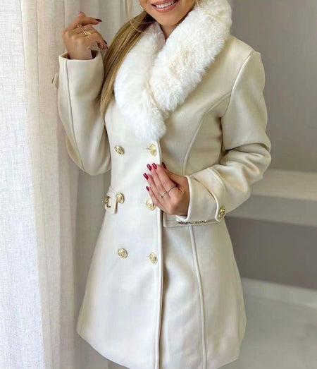 Louis Fur Detailed Double Breasted Overcoat - front shot on model with fur collar, cream - Miss Mosa By Akanksha