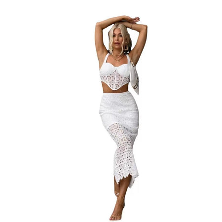 Louisa Statement Set of Top with Skirt - full-length shot on model, white - Miss Mosa By Akanksha