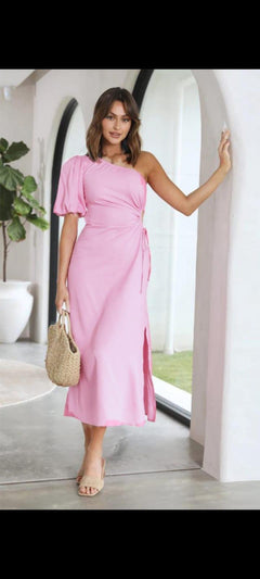 Louise Statement Dress - full-length shot on model, pink - Miss Mosa By Akanksha