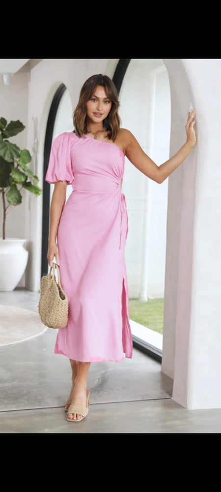 Louise Statement Dress - full-length shot on model, pink - Miss Mosa By Akanksha
