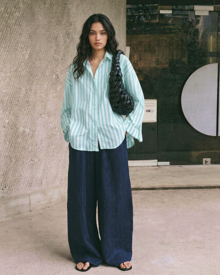 Louise Striped Summer Oversized Shirt In Green - full-length front shot on model - Miss Mosa By Akanksha