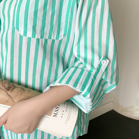 Louise Striped Summer Oversized Shirt In Green - close-up of sleeve cuff detail on model - Miss Mosa By Akanksha