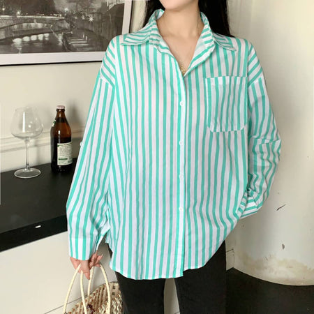 Louise Striped Summer Oversized Shirt In Green - front shot on model indoors - Miss Mosa By Akanksha