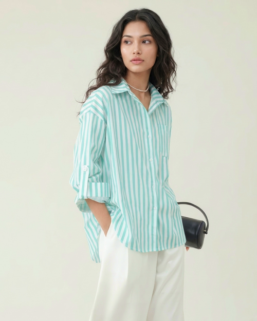 Louise Striped Summer Oversized Shirt In Green