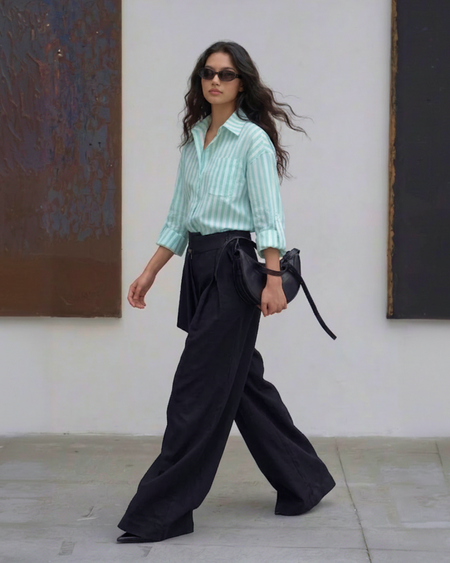 Louise Striped Summer Oversized Shirt In Green - full-length side shot on model walking - Miss Mosa By Akanksha