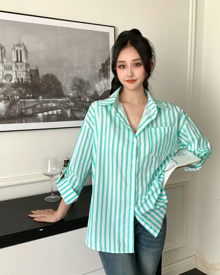 Louise Striped Summer Oversized Shirt In Green - front shot on model indoors - Miss Mosa By Akanksha