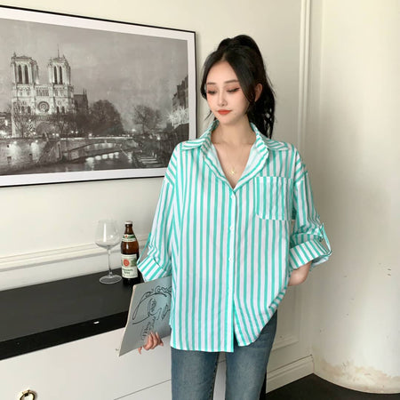 Louise Striped Summer Oversized Shirt In Green - front shot on model indoors - Miss Mosa By Akanksha