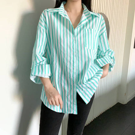 Louise Striped Summer Oversized Shirt In Green - front shot on mannequin - Miss Mosa By Akanksha