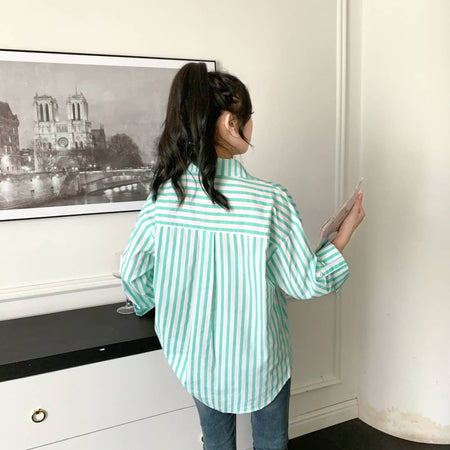 Louise Striped Summer Oversized Shirt In Green - back shot on model indoors - Miss Mosa By Akanksha