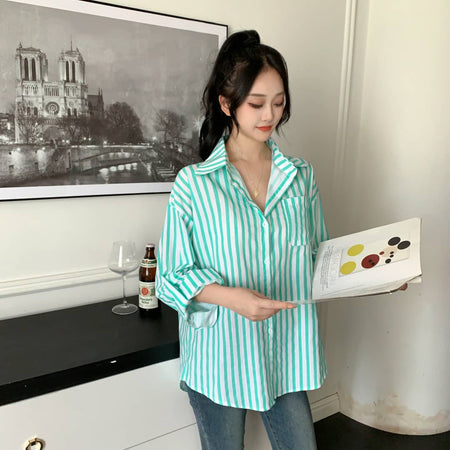Louise Striped Summer Oversized Shirt In Green - front shot on model indoors - Miss Mosa By Akanksha
