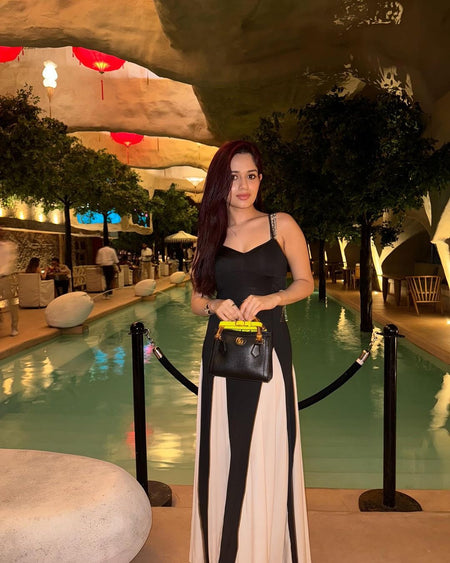 Louve Statement Maxi Dress - full-length shot on model, black - Miss Mosa By Akanksha