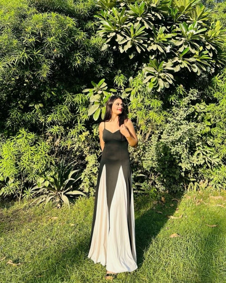 Louve Statement Maxi Dress - full-length shot on model, black - Miss Mosa By Akanksha