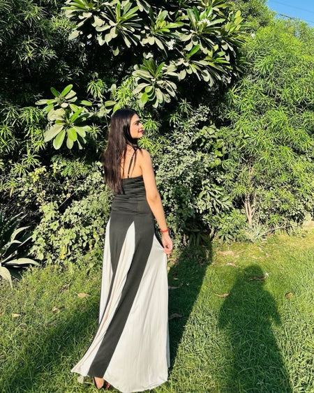 Louve Statement Maxi Dress - back shot on model, black - Miss Mosa By Akanksha