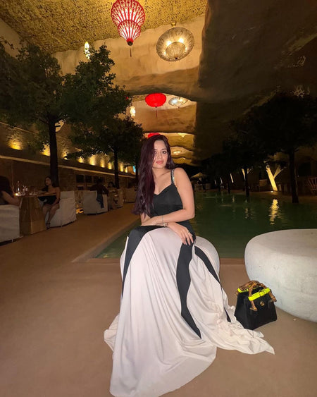 Louve Statement Maxi Dress - lifestyle shot on model, black - Miss Mosa By Akanksha