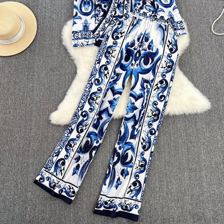 Louvre Abstract Summer Two Piece Set - styled flat-lay shot, blue - Miss Mosa By Akanksha