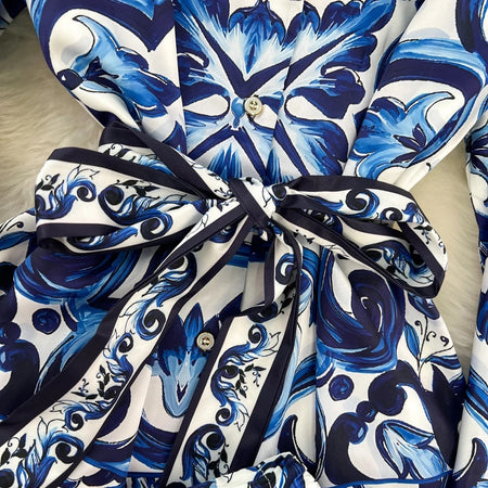 Louvre Abstract Summer Two Piece Set - close-up of waist tie, blue - Miss Mosa By Akanksha