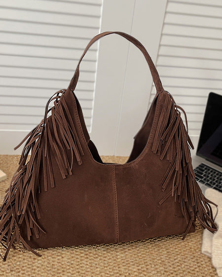 Luc Fringe Suede Tote Bag - front product shot, dark brown - Miss Mosa By Akanksha