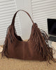 Luc Fringe Suede Tote Bag - angled product shot, dark brown - Miss Mosa By Akanksha