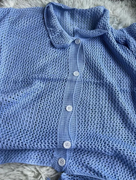 Lucia Crochet Knit Coord Set - flat-lay close-up of knit detail, light blue - Miss Mosa By Akanksha